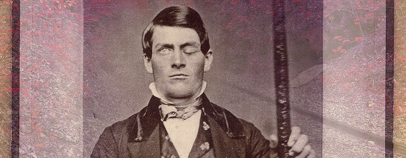 Portrait of Phineas Gage holding the iron rod